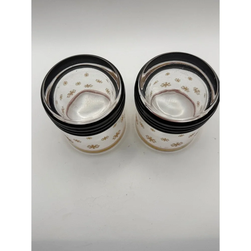 Vintage Style Gold Snowflake Rocks Glasses Black Ribbed Base Set of 2 Holiday